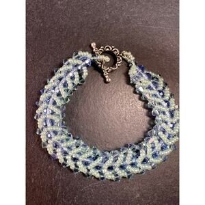 Vintage Blue & Green Crystal Beaded Chevron Braid Toggle Bracelet Y2K